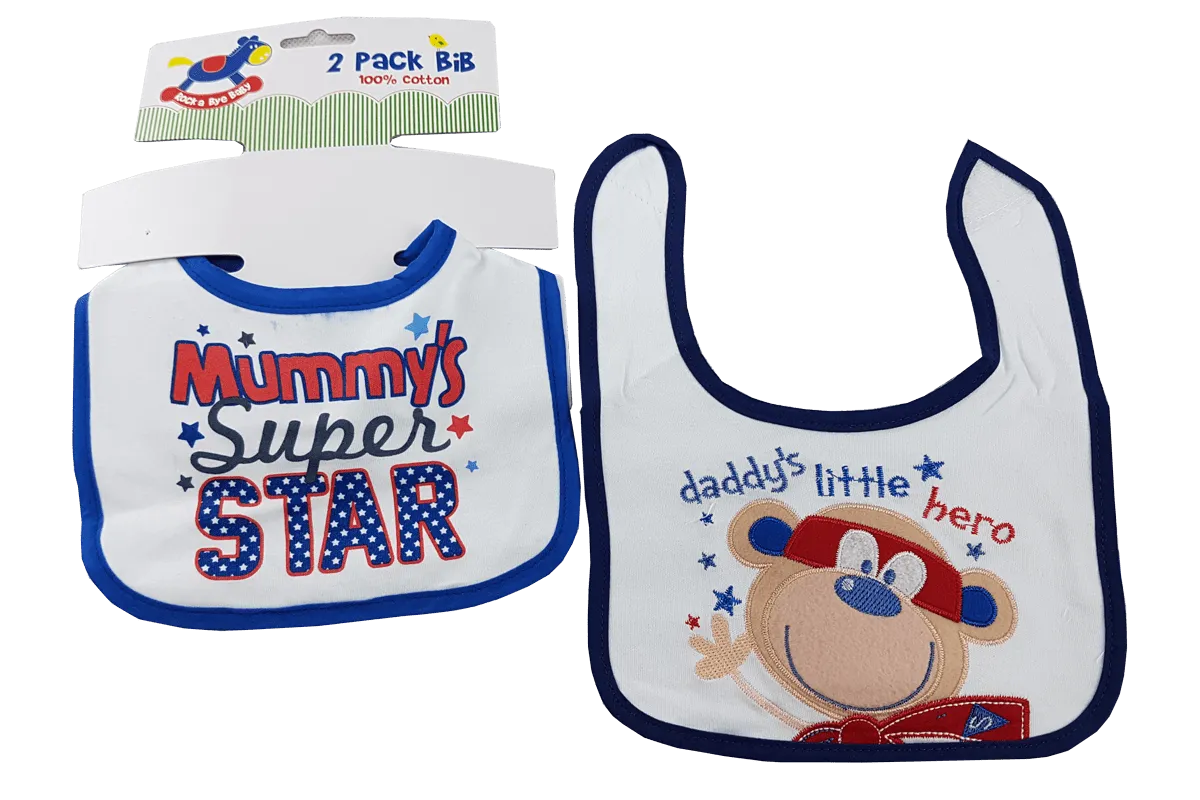 2 Pack Pull Velcro Bibs- "daddy's little hero" Mummy's super star"