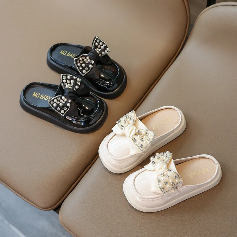 BEADED & PEARL BOW APPLIQUE MULES - BLACK