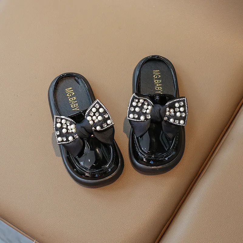 BEADED & PEARL BOW APPLIQUE MULES - BLACK
