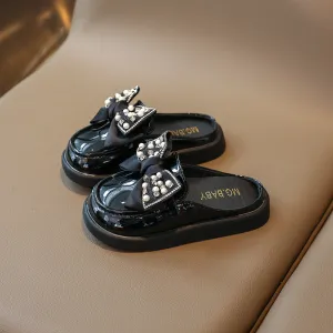 BEADED & PEARL BOW APPLIQUE MULES - BLACK