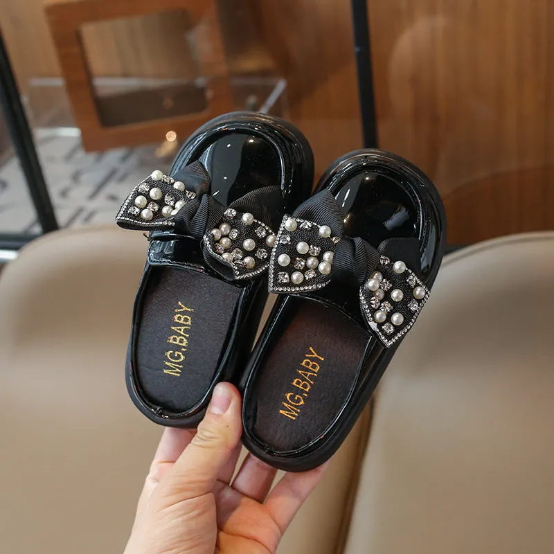 BEADED & PEARL BOW APPLIQUE MULES - BLACK