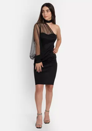 Black One Shoulder Mesh Sleeves Midi Dress