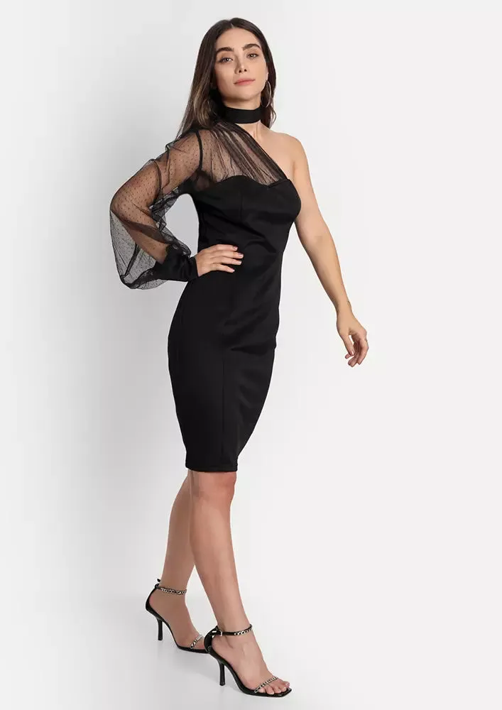 Black One Shoulder Mesh Sleeves Midi Dress