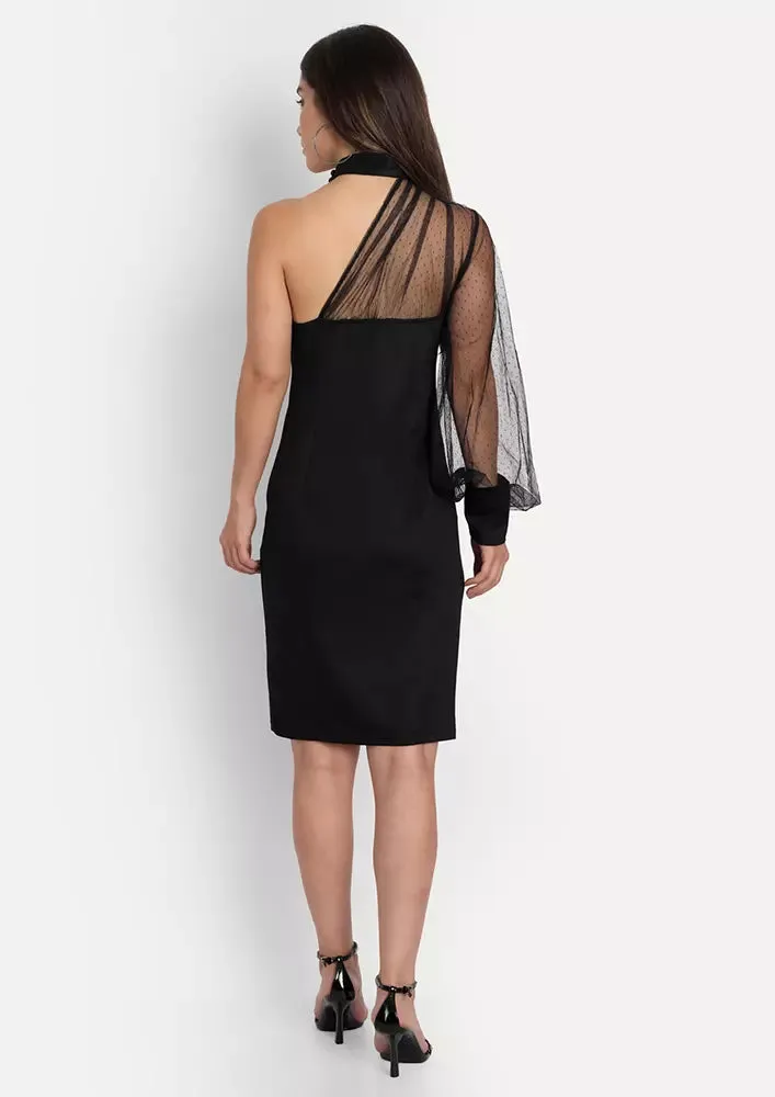 Black One Shoulder Mesh Sleeves Midi Dress