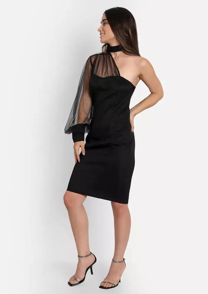 Black One Shoulder Mesh Sleeves Midi Dress