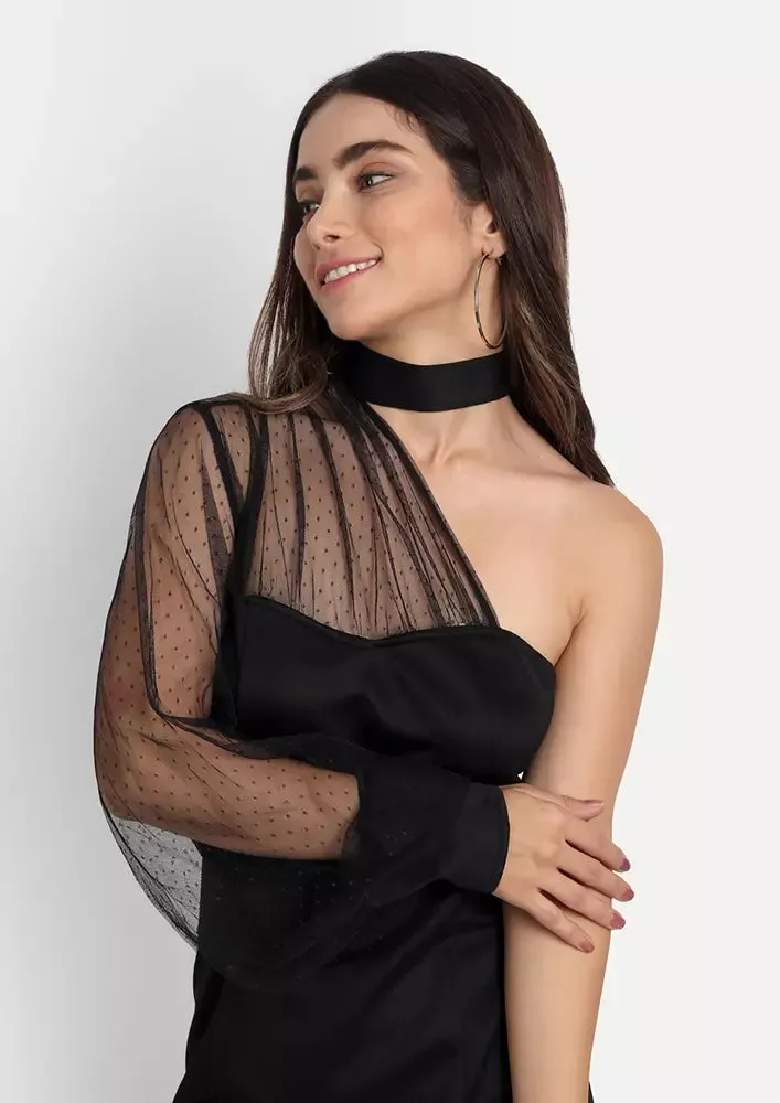 Black One Shoulder Mesh Sleeves Midi Dress