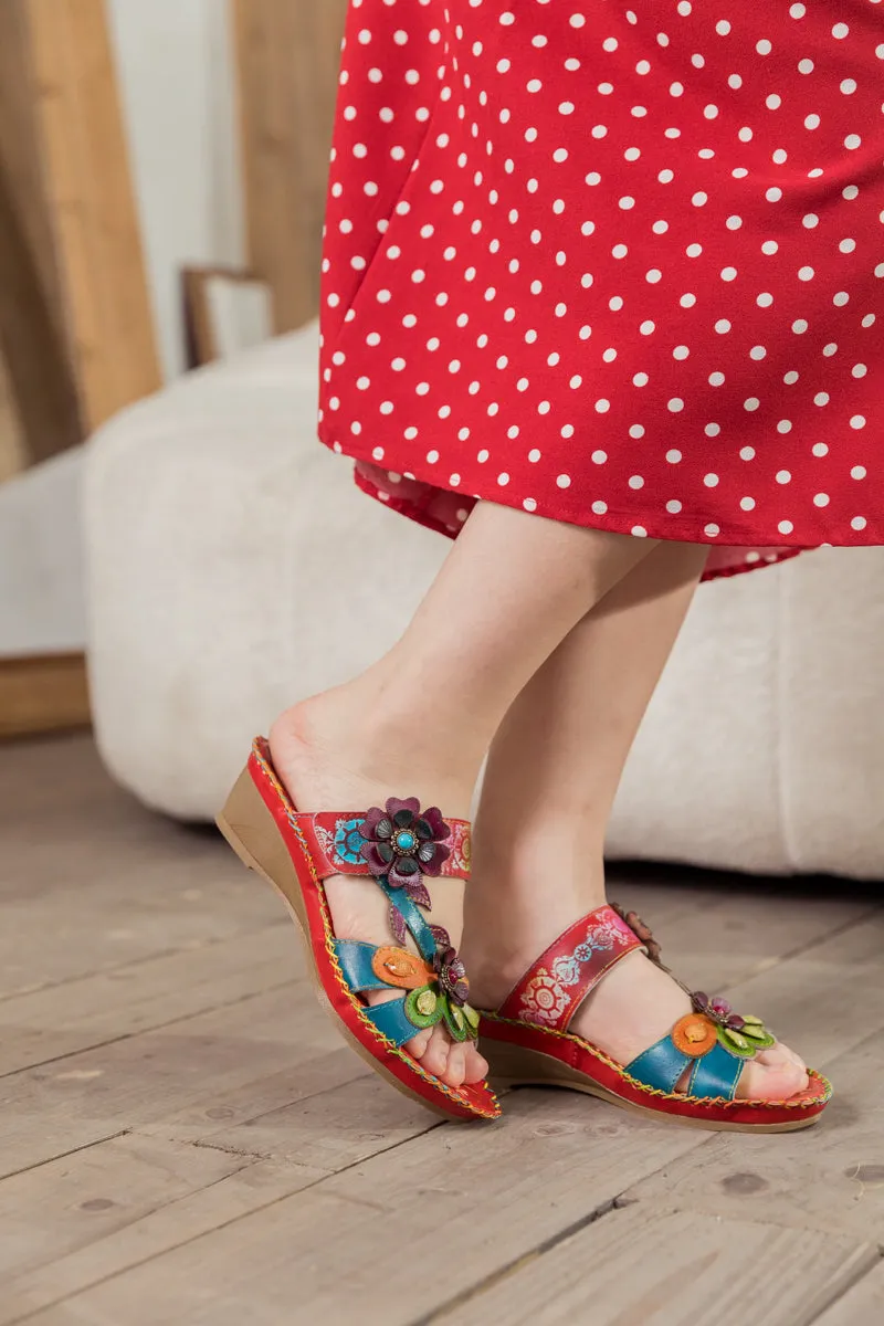 Blossom Appliqued Genuine Leather Sandal Red