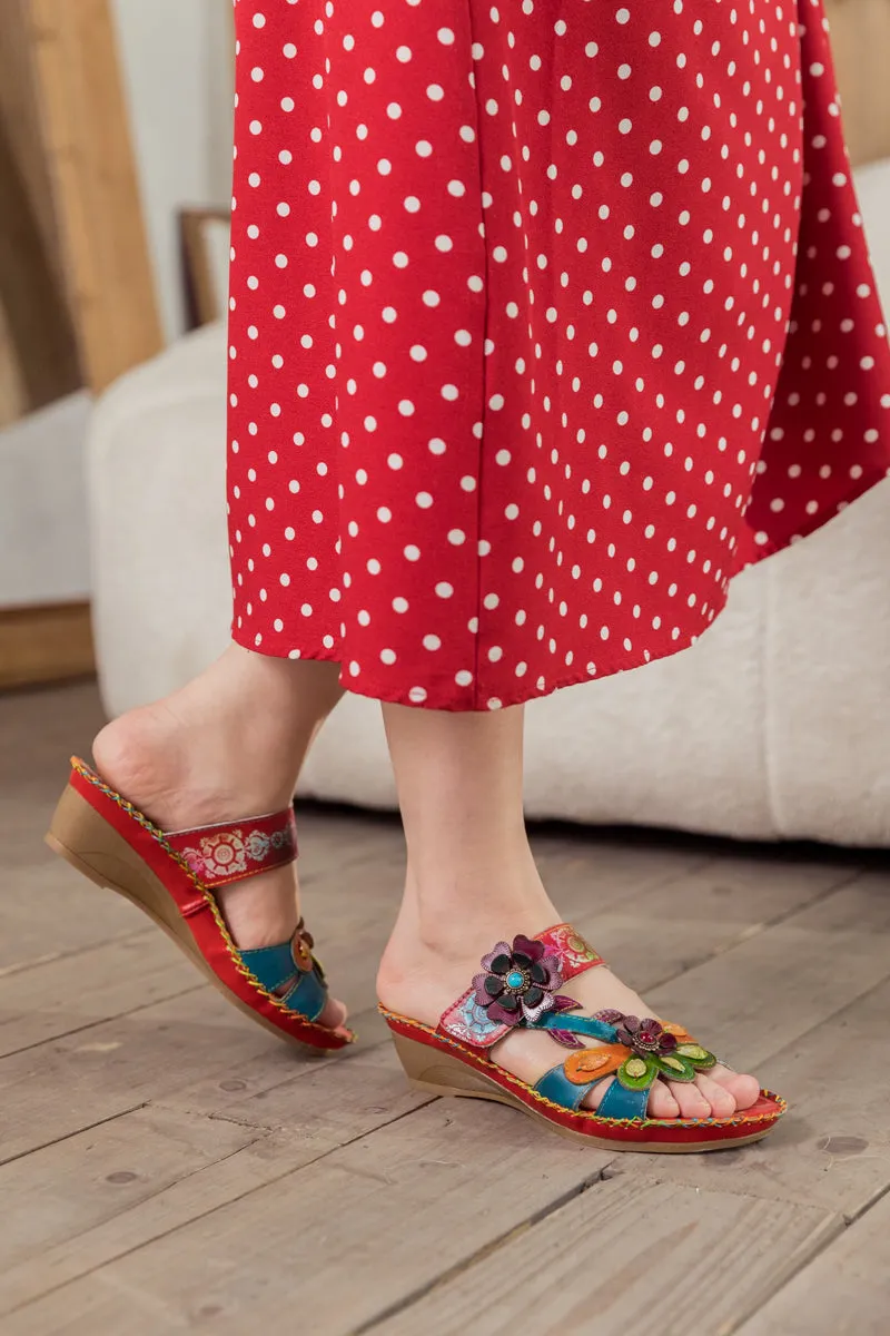 Blossom Appliqued Genuine Leather Sandal Red