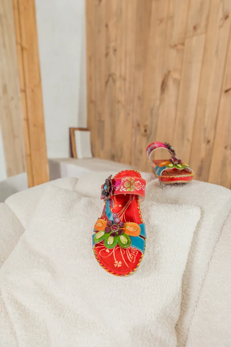 Blossom Appliqued Genuine Leather Sandal Red