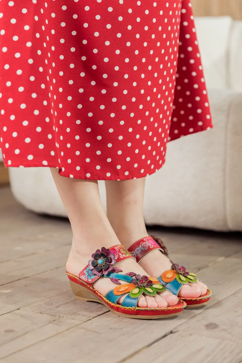 Blossom Appliqued Genuine Leather Sandal Red
