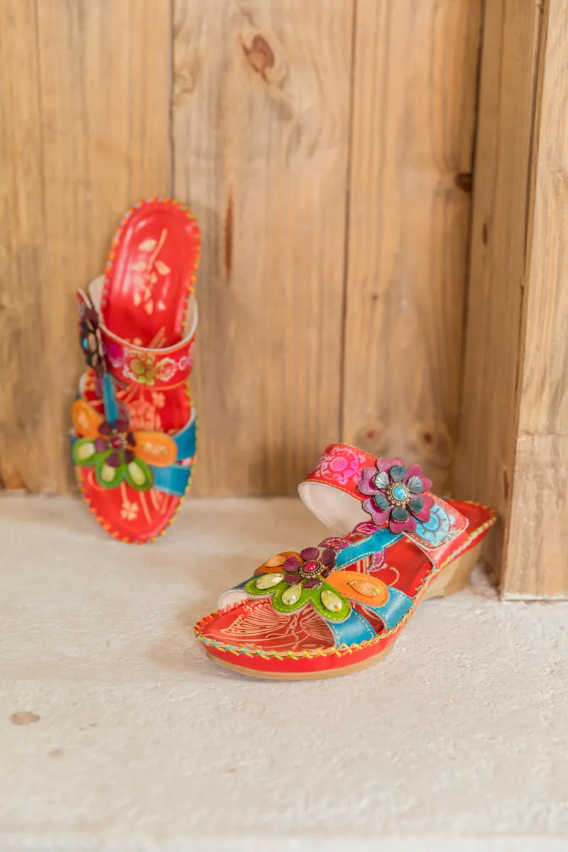 Blossom Appliqued Genuine Leather Sandal Red
