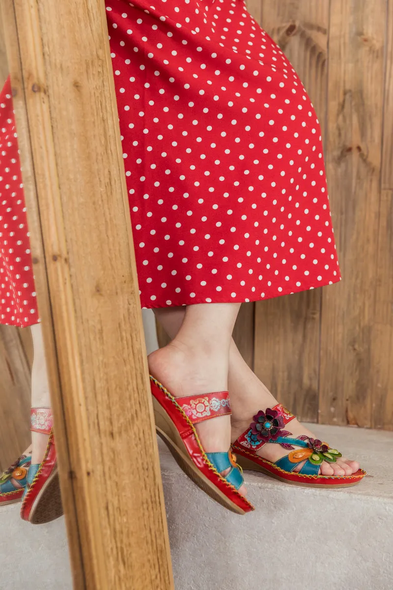 Blossom Appliqued Genuine Leather Sandal Red