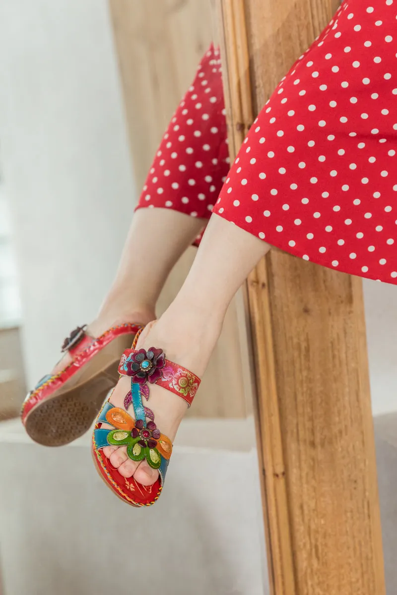 Blossom Appliqued Genuine Leather Sandal Red