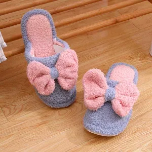 Bow fluffy winter cotton slipper for ladies  (Pink, 37/38)