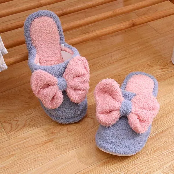 Bow fluffy winter cotton slipper for ladies  (Pink, 37/38)