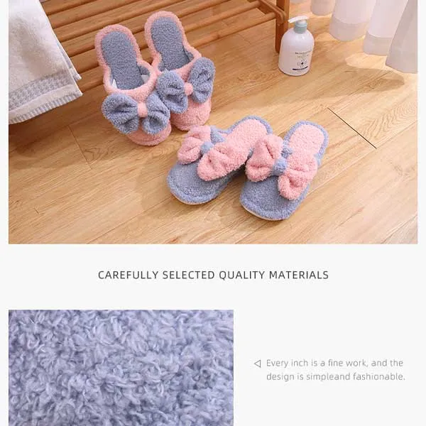 Bow fluffy winter cotton slipper for ladies  (Pink, 37/38)