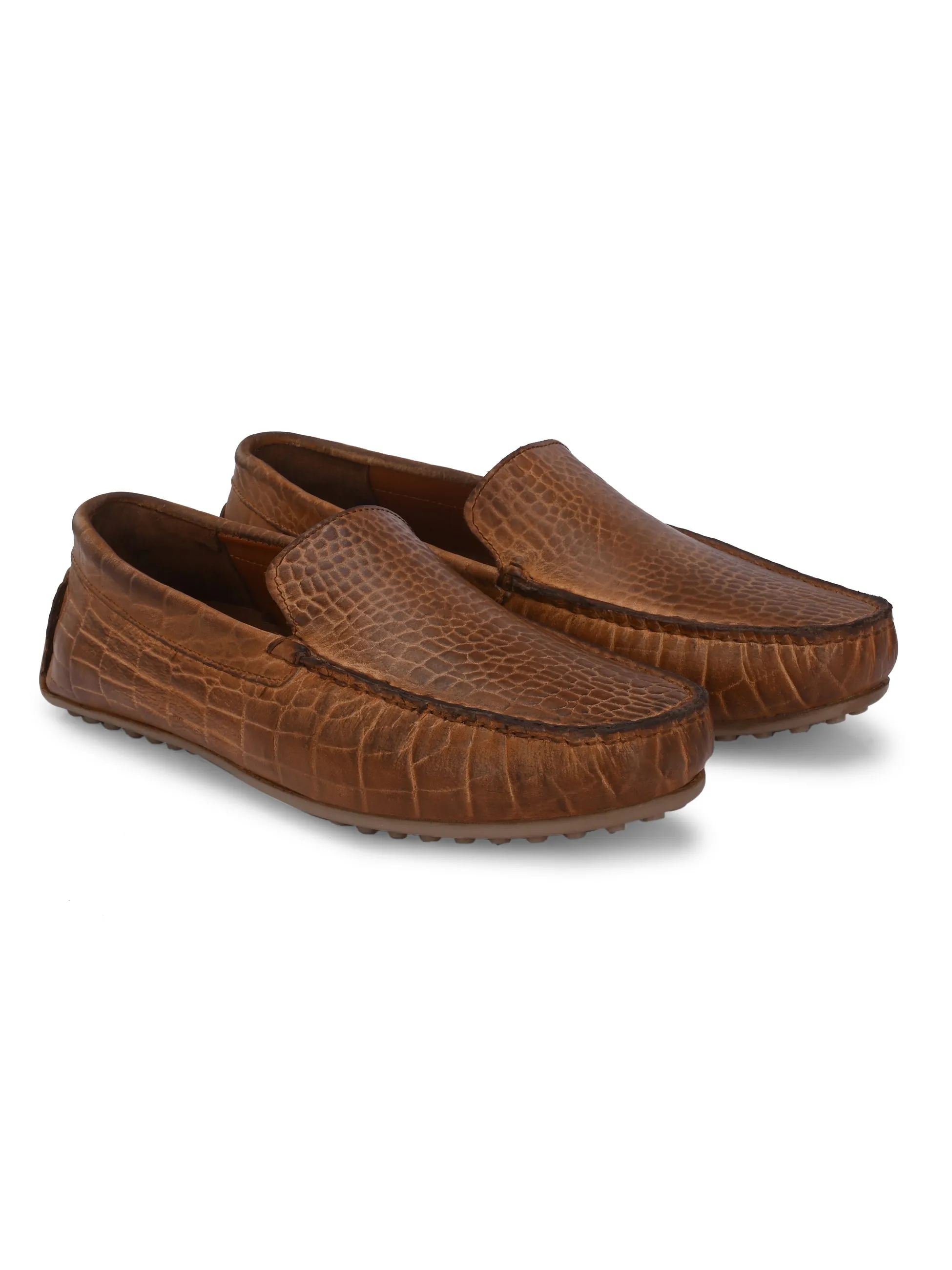 CARLO ROMANO TAN COLOR PREMIUM CROCODILE PRINTED LEATHER MOCCASIN SHOES FOR MEN