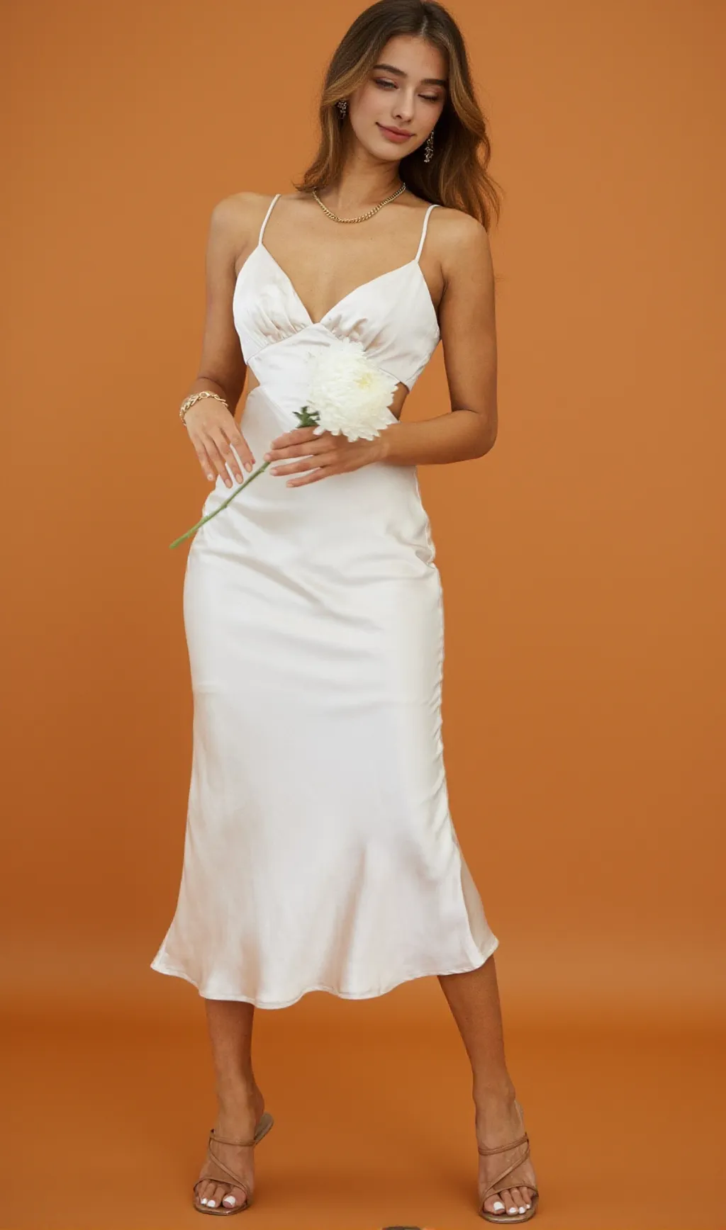 City Lights Cut-Out Waist Strappy Back Midi Dress Champagne