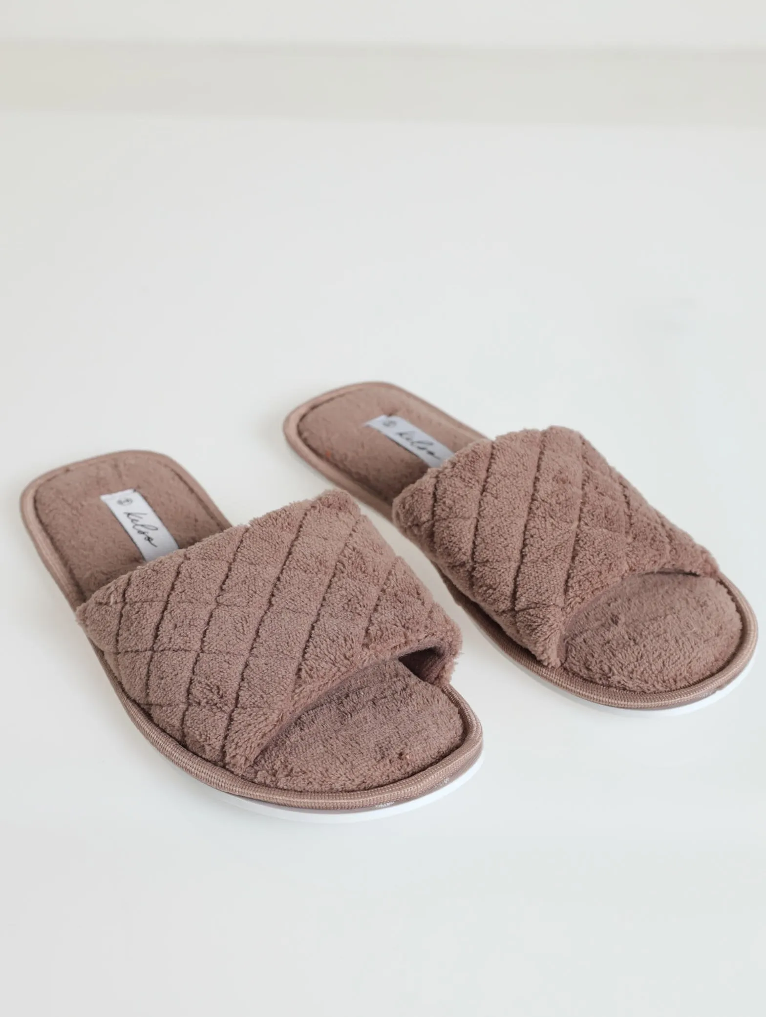 Diamond Quilt Open Toe Slipper - Taupe