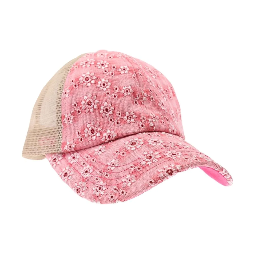 Eyelet Embroidered Criss Cross High Pony Hat