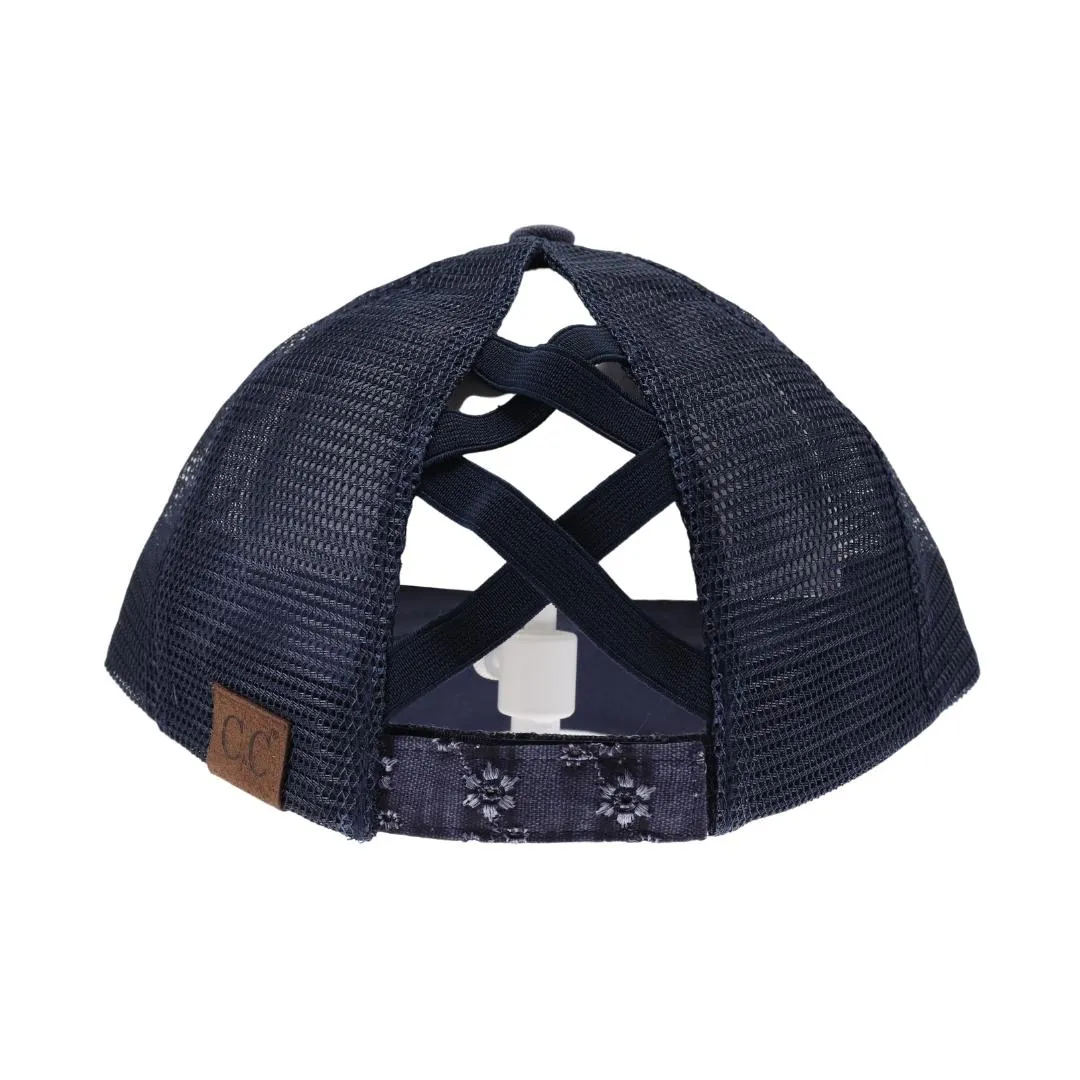 Eyelet Embroidered Criss Cross High Pony Hat