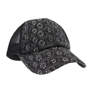 Eyelet Embroidered Criss Cross High Pony Hat