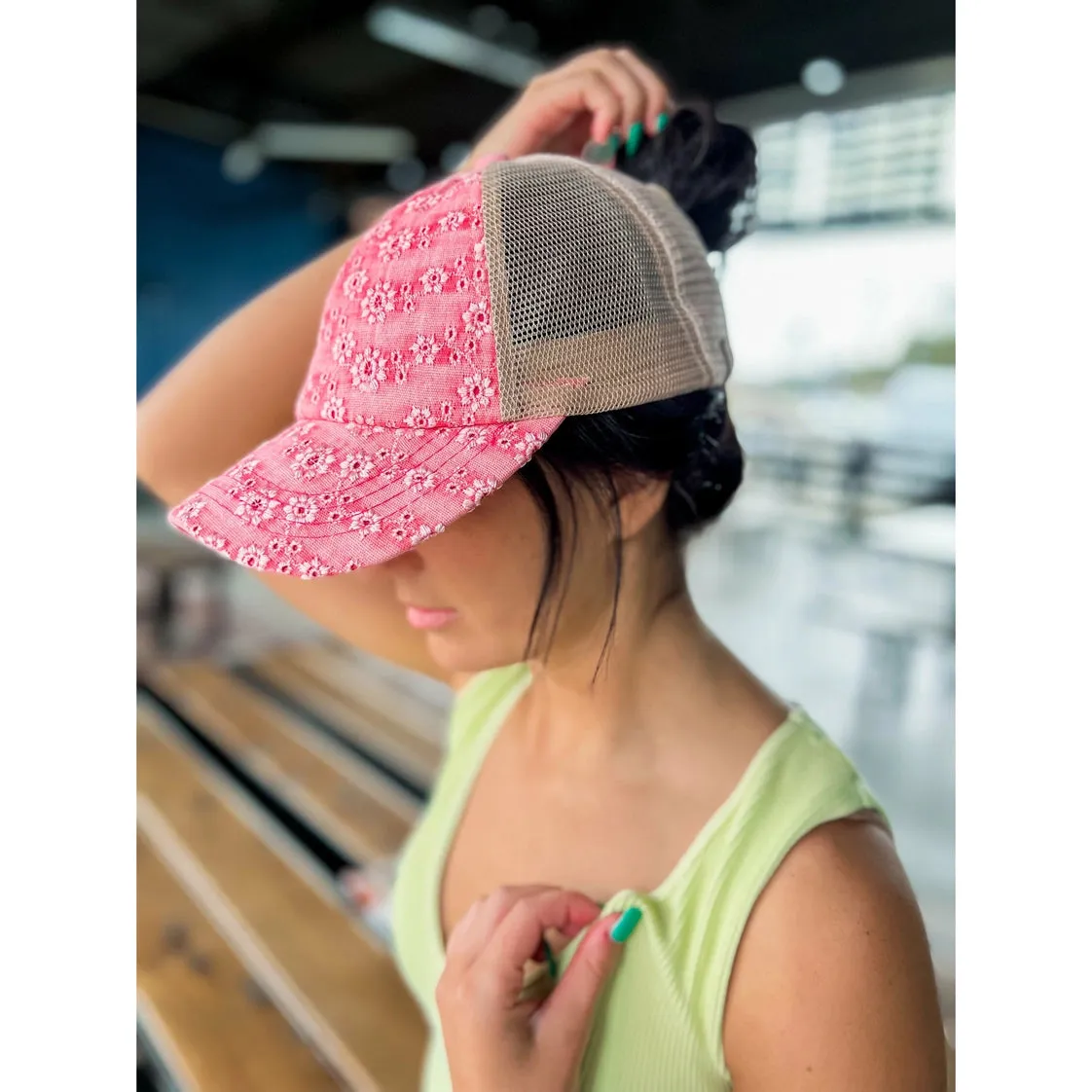Eyelet Embroidered Criss Cross High Pony Hat
