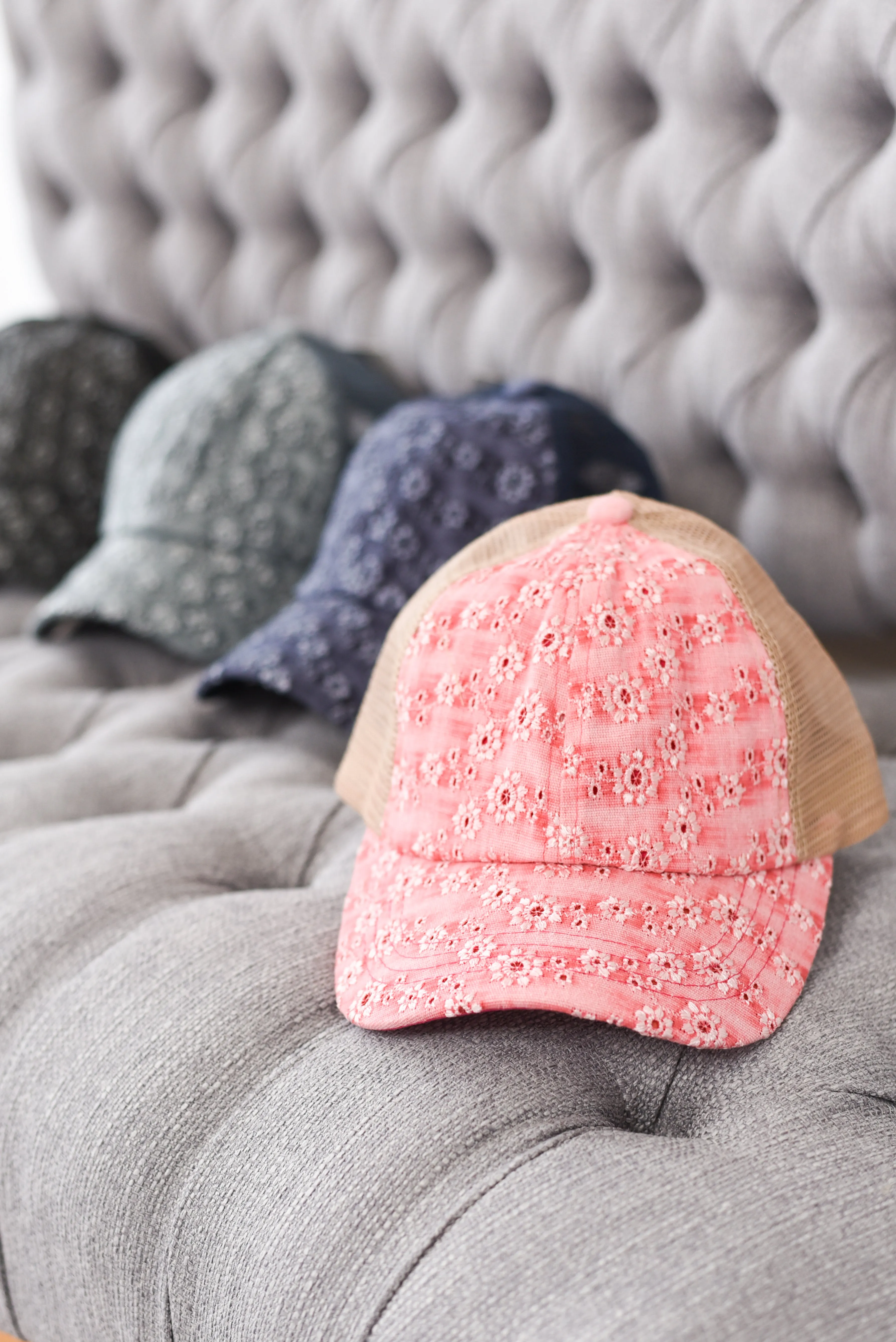 Eyelet Embroidered Criss Cross High Pony Hat