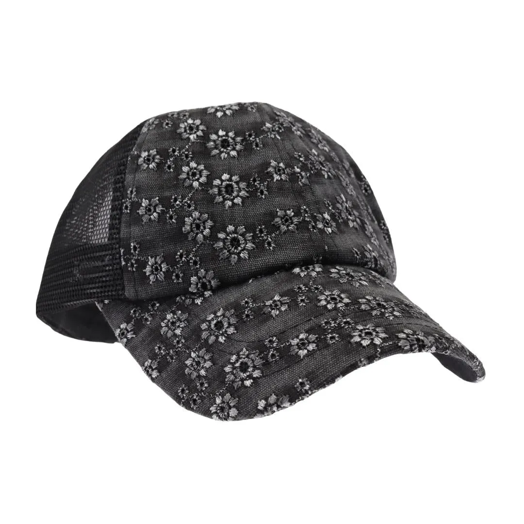 Eyelet Embroidered Criss Cross High Pony Hat