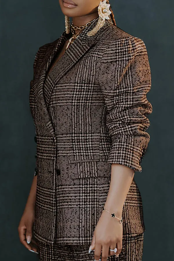 Fashion Plaid Double Breasted Blazer & Pants Set