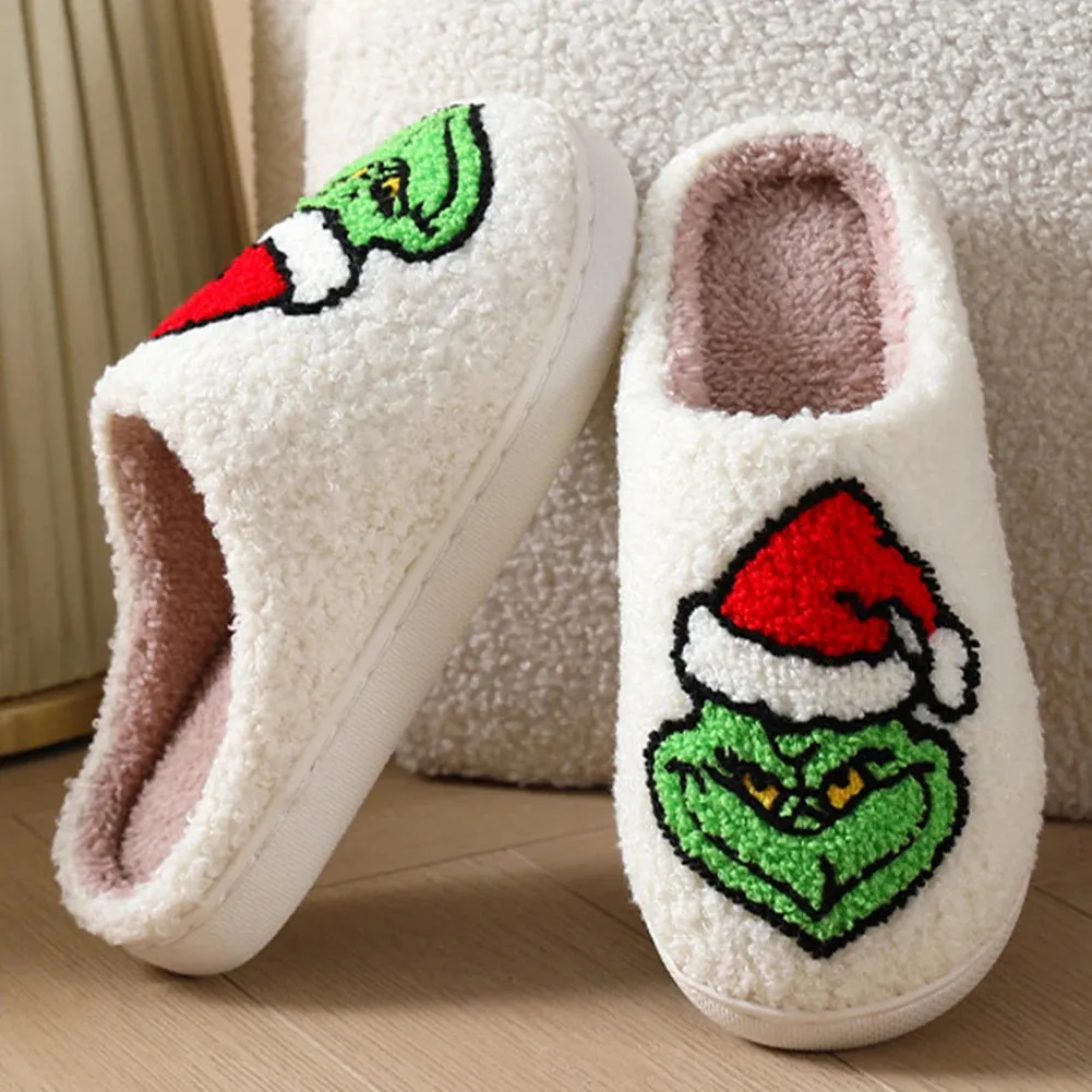 For Grinch Plush Slippers Flat Thermal Slippers Comfortable Fluffy Home Slippers Furry Green Monster Slippers for Autumn Winter