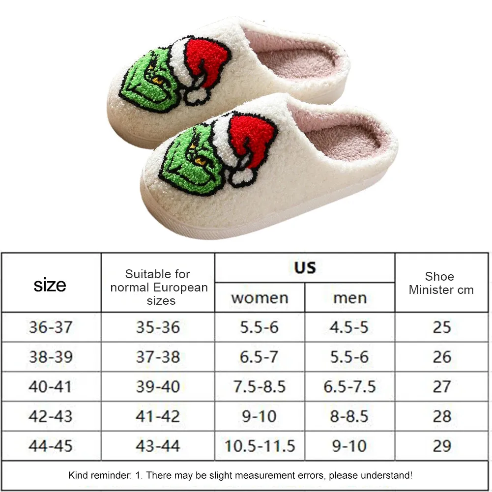 For Grinch Plush Slippers Flat Thermal Slippers Comfortable Fluffy Home Slippers Furry Green Monster Slippers for Autumn Winter