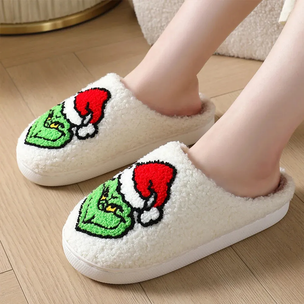 For Grinch Plush Slippers Flat Thermal Slippers Comfortable Fluffy Home Slippers Furry Green Monster Slippers for Autumn Winter