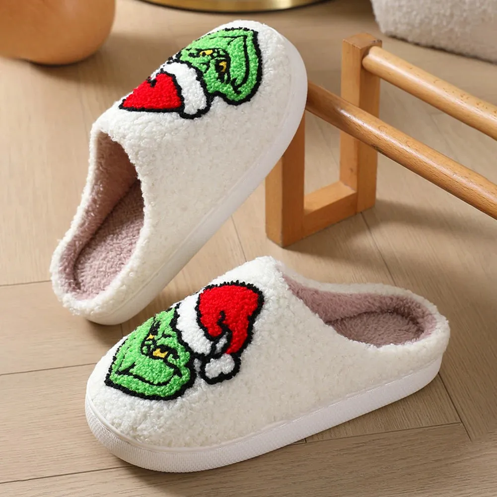 For Grinch Plush Slippers Flat Thermal Slippers Comfortable Fluffy Home Slippers Furry Green Monster Slippers for Autumn Winter