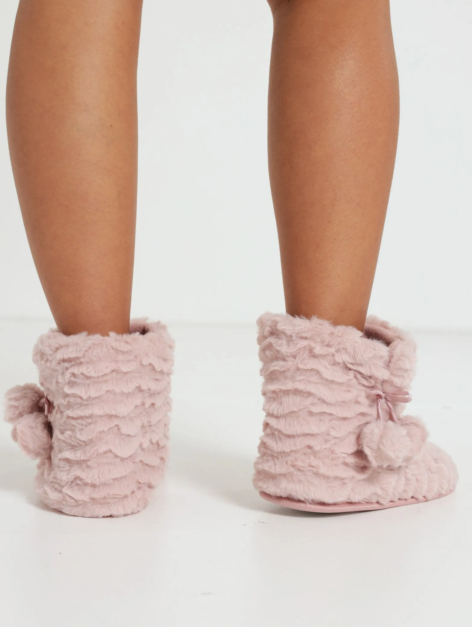 Fur Boot With Pom Pom Trim - Blush