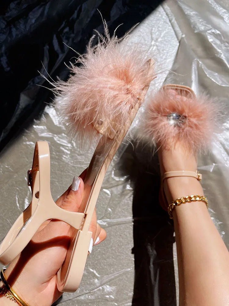 Furry Rhinestone Flat Sandal