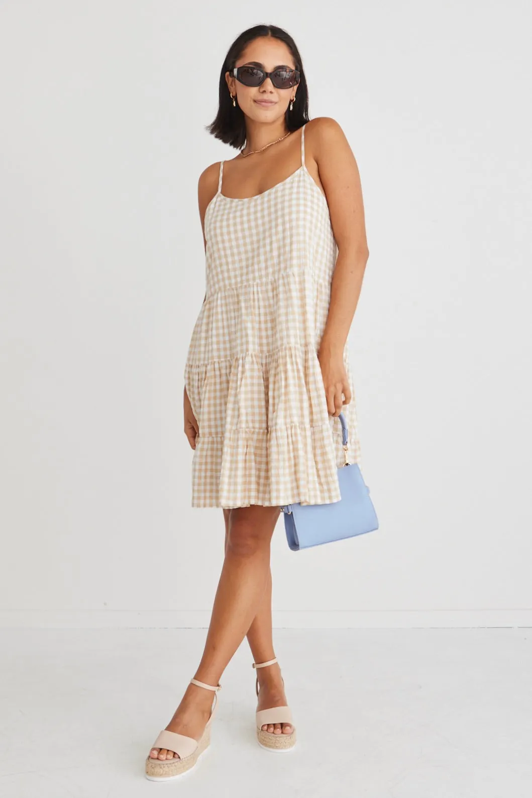 Garden Sand Gingham Strappy Tiered Empire Mini Dress