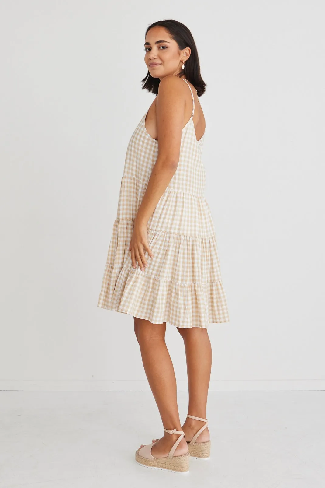 Garden Sand Gingham Strappy Tiered Empire Mini Dress