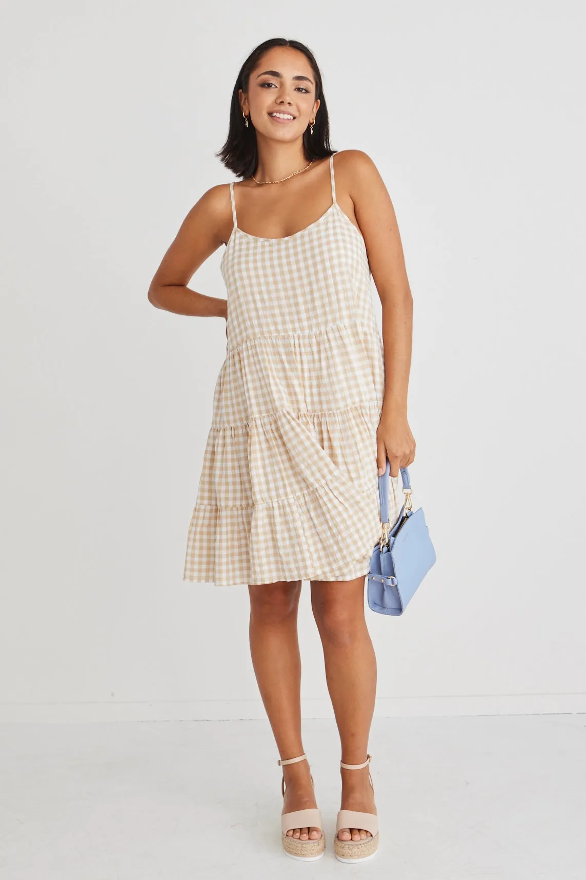Garden Sand Gingham Strappy Tiered Empire Mini Dress