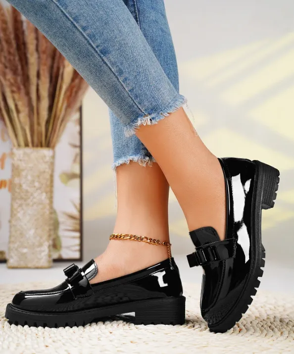 Glossy Bow Chunky Loafers