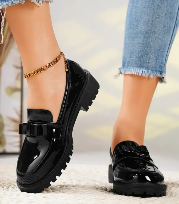 Glossy Bow Chunky Loafers