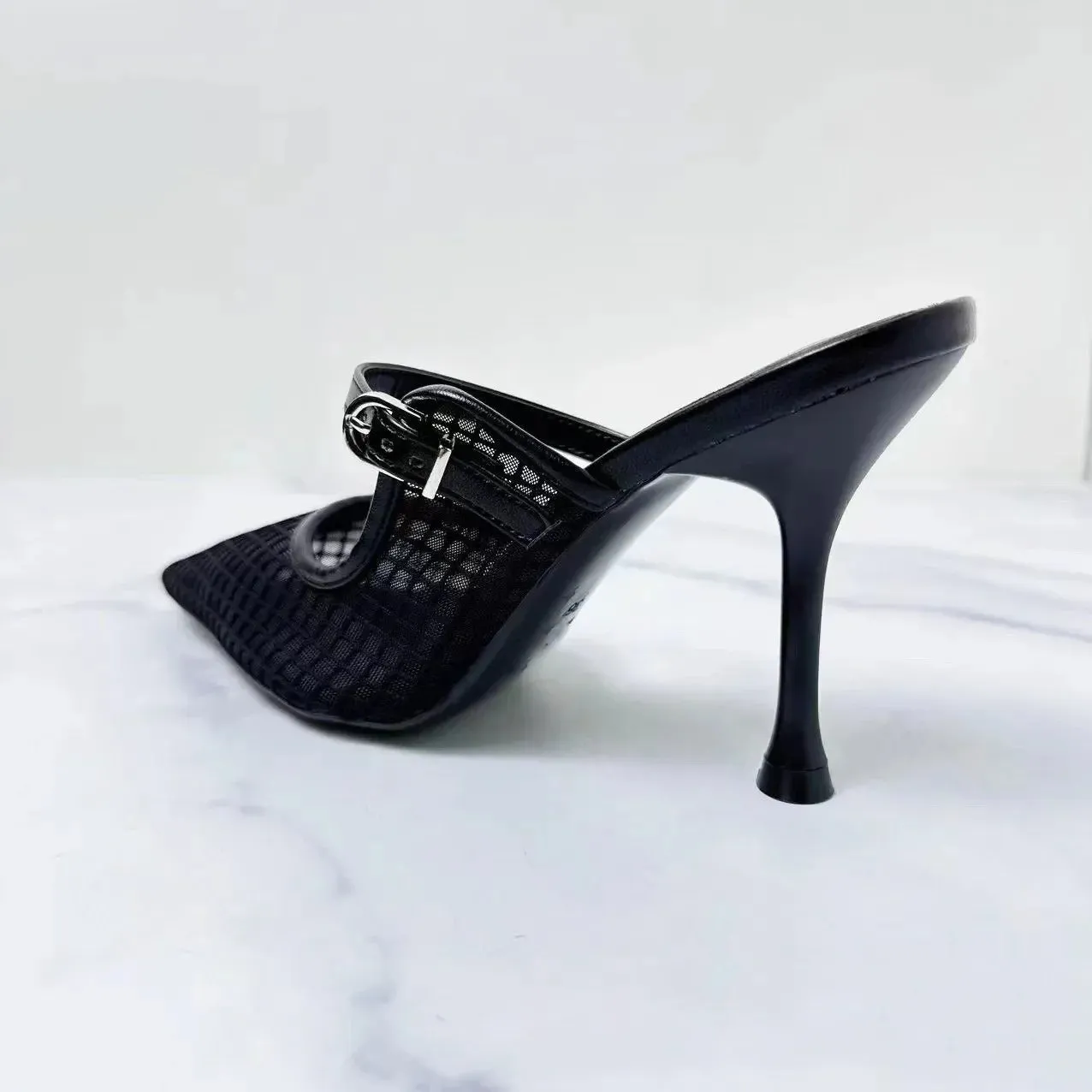 High Heels Mules Shoes for Laides Sexy Pointed Toe 2025 Summer Stilettos Black Hollow Breathable Mesh Vintage Women's Sandals