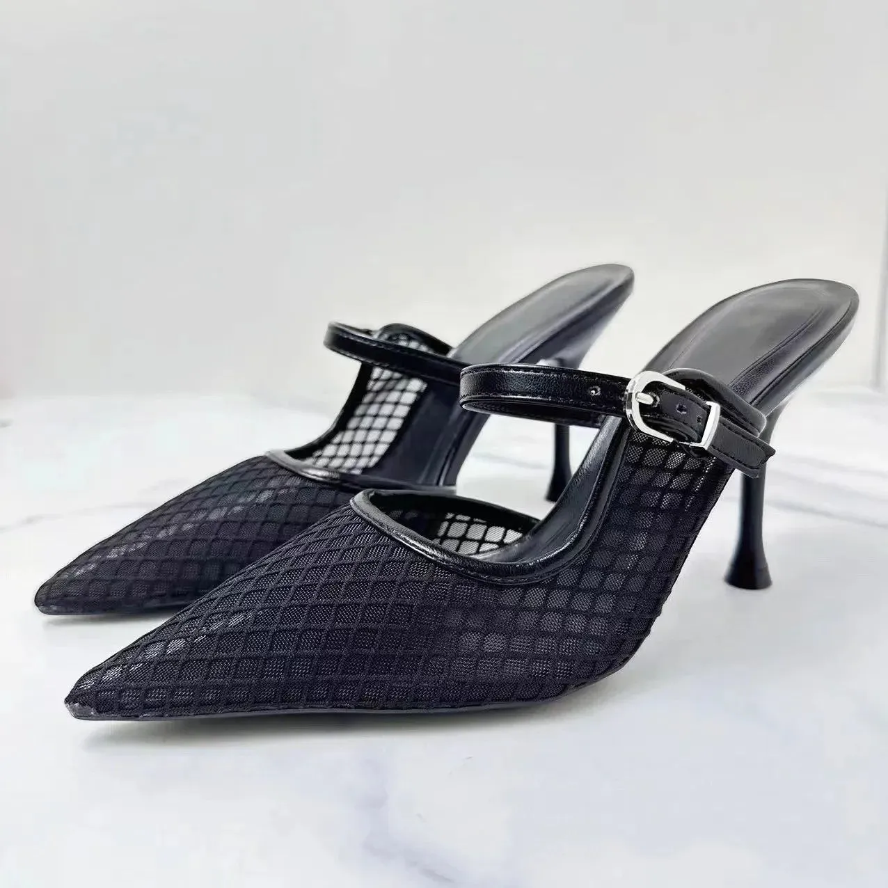 High Heels Mules Shoes for Laides Sexy Pointed Toe 2025 Summer Stilettos Black Hollow Breathable Mesh Vintage Women's Sandals
