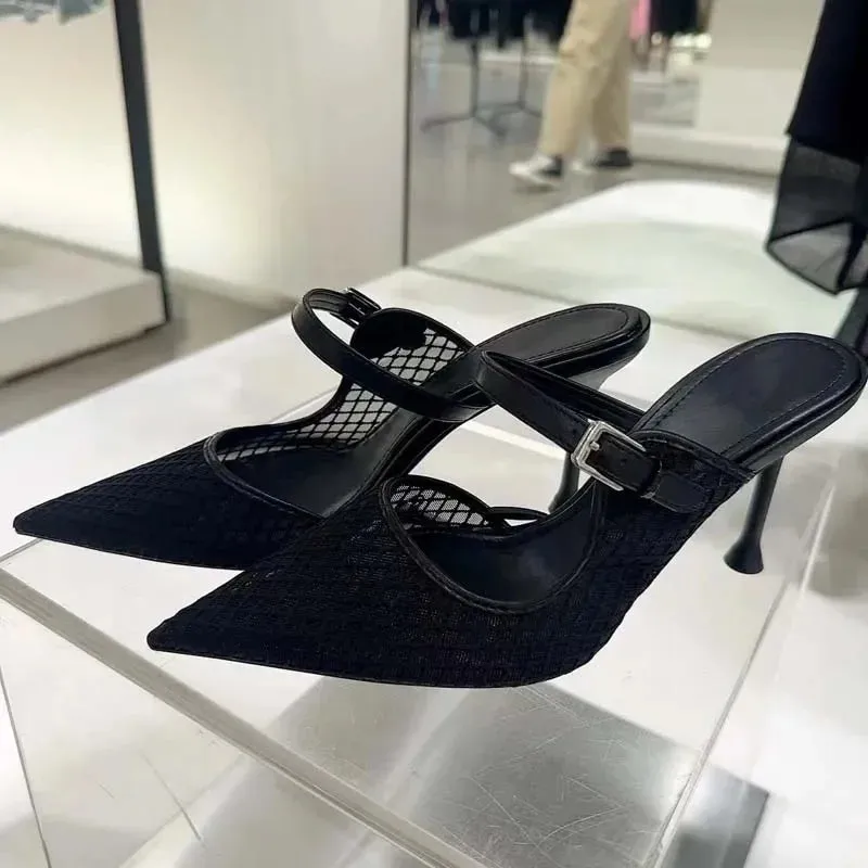 High Heels Mules Shoes for Laides Sexy Pointed Toe 2025 Summer Stilettos Black Hollow Breathable Mesh Vintage Women's Sandals