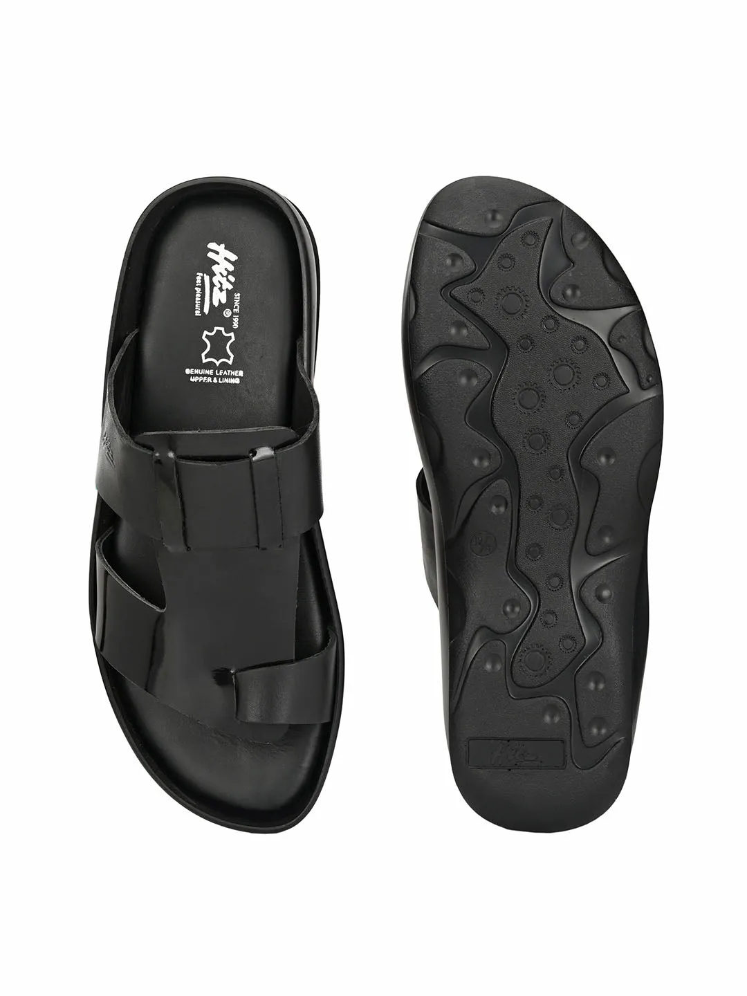 Hitz Men's Black Leather Toe Ring Comfort Slippers
