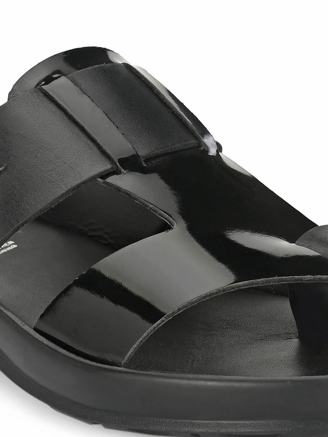 Hitz Men's Black Leather Toe Ring Comfort Slippers