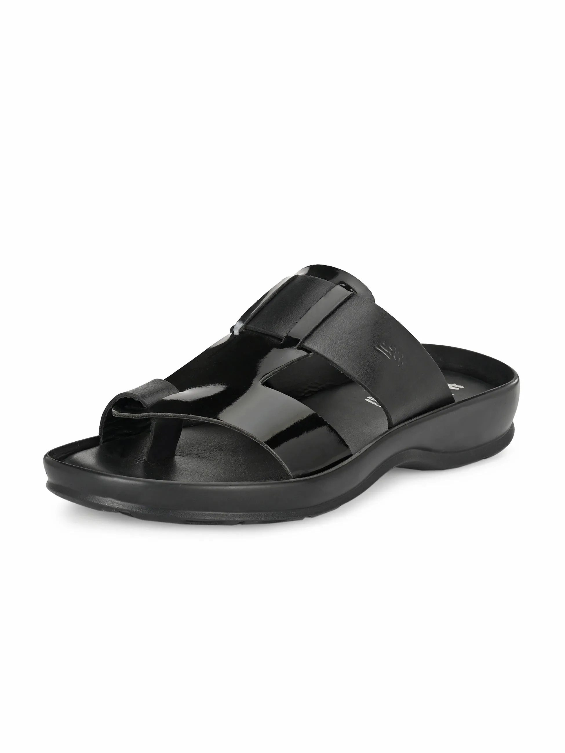 Hitz Men's Black Leather Toe Ring Comfort Slippers