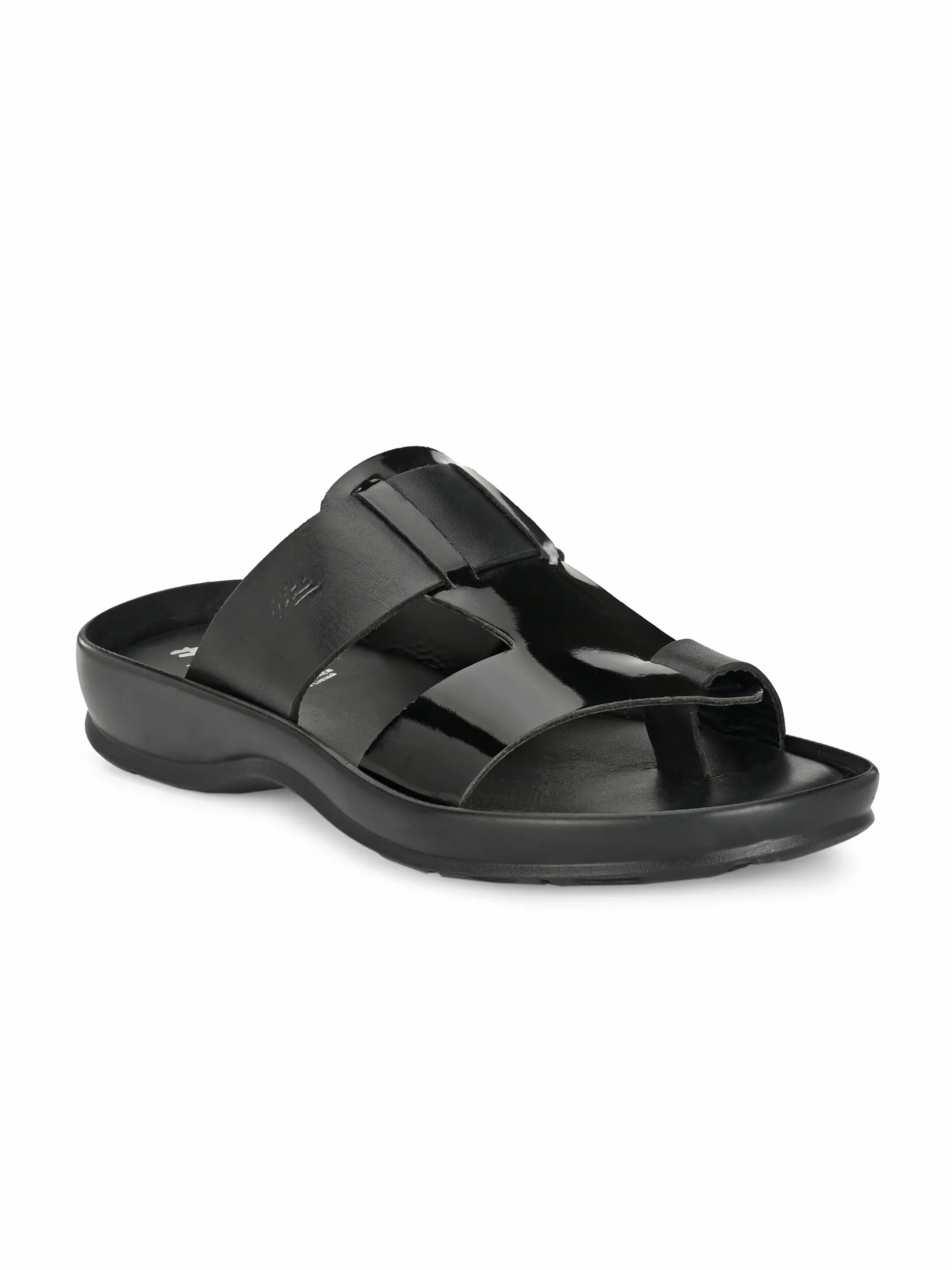 Hitz Men's Black Leather Toe Ring Comfort Slippers