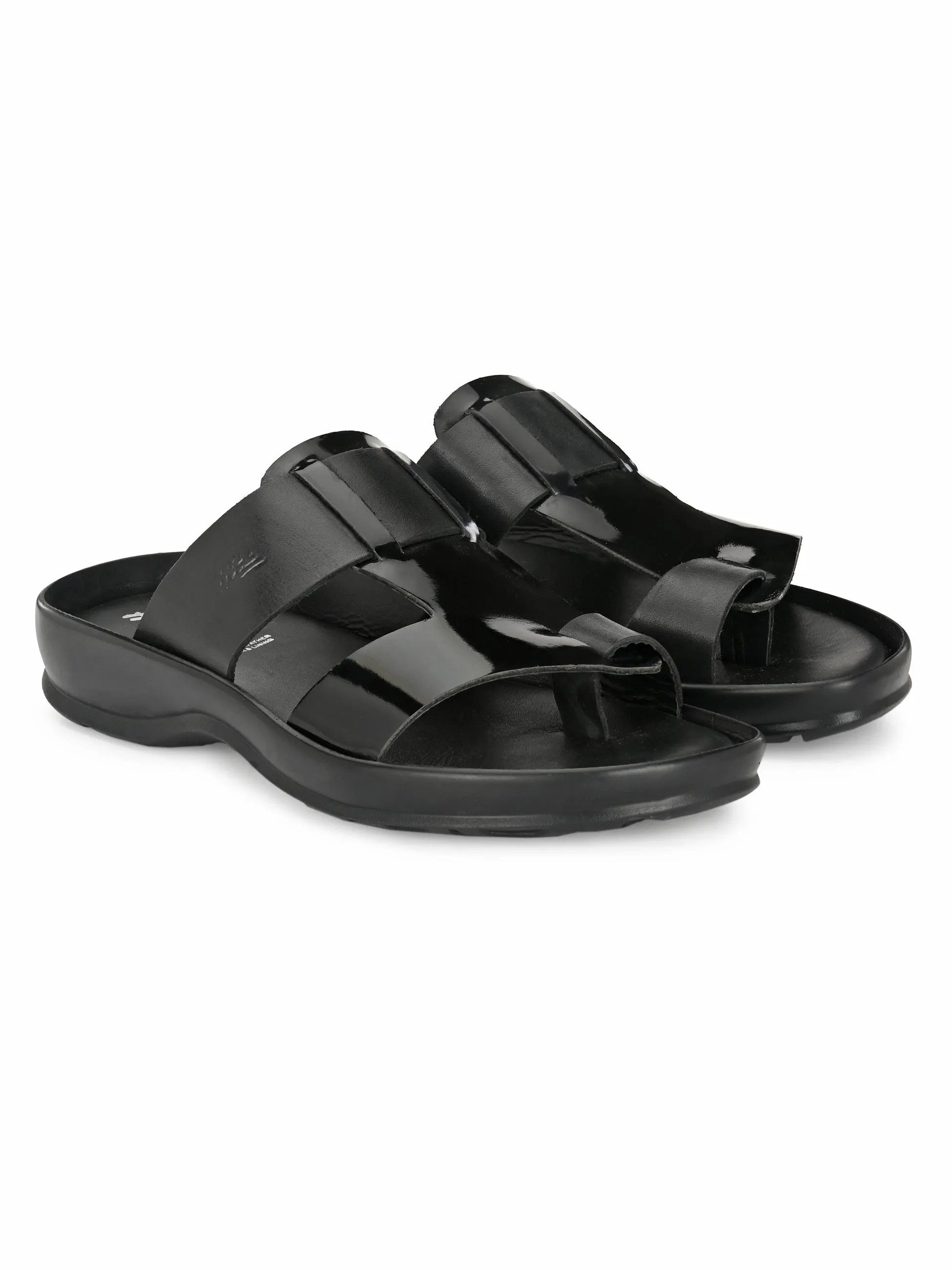 Hitz Men's Black Leather Toe Ring Comfort Slippers