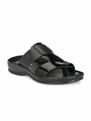 Hitz Men's Black Leather Toe Ring Comfort Slippers